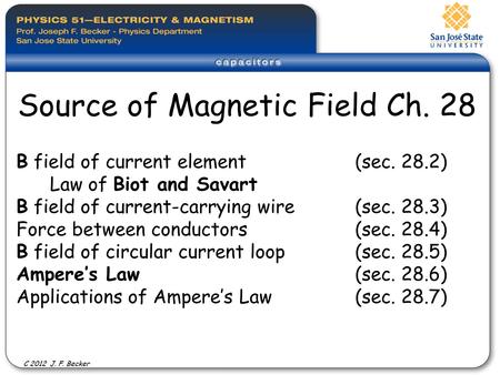 B field of current element (sec. 28.2) Law of Biot and Savart B field of current-carrying wire (sec. 28.3) Force between conductors(sec. 28.4) B field.