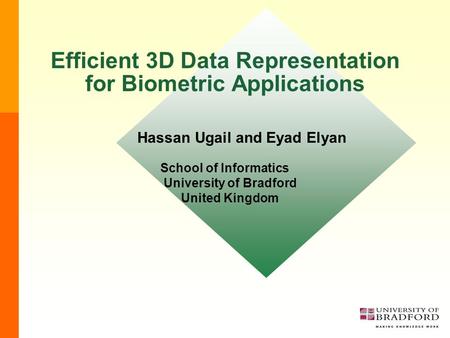 Efficient 3D Data Representation for Biometric Applications Hassan Ugail and Eyad Elyan School of Informatics University of Bradford United Kingdom.