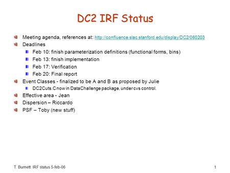 T. Burnett: IRF status 5-feb-061 DC2 IRF Status Meeting agenda, references at: