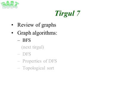 Tirgul 7 Review of graphs Graph algorithms: – BFS (next tirgul) – DFS – Properties of DFS – Topological sort.
