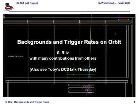GLAST LAT ProjectIA Workshop 6 – Feb27,2006 S. Ritz Backgrounds and Trigger Rates 1 Backgrounds and Trigger Rates on Orbit S. Ritz with many contributions.