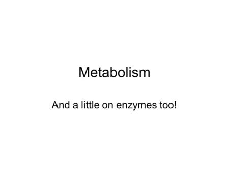 Metabolism And a little on enzymes too!. Enzyme Summary –Most enzymes are proteins. –Speed up reactions by lowering the E A –Enzymes are substrate specific.