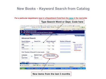 New Books - Keyword Search from Catalog For a particular department, type in a Department Code from the table in the next slide table Type Search Word.