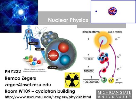 Nuclear Physics PHY232 Remco Zegers Room W109 – cyclotron building