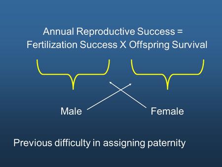 Annual Reproductive Success = Fertilization Success X Offspring Survival MaleFemale Previous difficulty in assigning paternity.