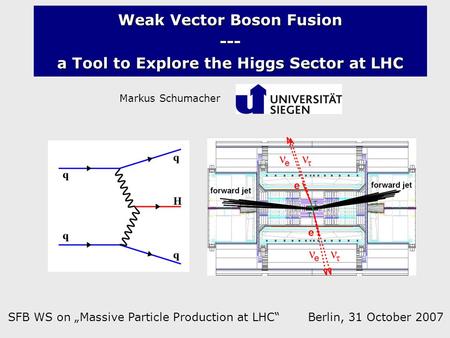 Weak Vector Boson Fusion --- a Tool to Explore the Higgs Sector at LHC Markus Schumacher SFB WS on „Massive Particle Production at LHC“ Berlin, 31 October.