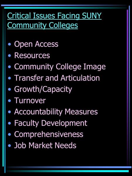 Critical Issues Facing SUNY Community Colleges Open Access Resources Community College Image Transfer and Articulation Growth/Capacity Turnover Accountability.