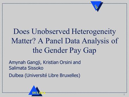 1 DULBEA Does Unobserved Heterogeneity Matter? A Panel Data Analysis of the Gender Pay Gap Amynah Gangji, Kristian Orsini and Salimata Sissoko Dulbea (Université.