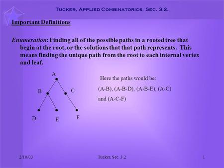 2/10/03Tucker, Sec. 3.21 Tucker, Applied Combinatorics, Sec. 3.2, Important Definitions Enumeration: Finding all of the possible paths in a rooted tree.