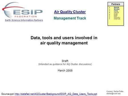 Data, tools and users involved in air quality management Draft (intended as guidance for AQ Cluster discussions) March 2005 Air Quality Cluster Air Quality.