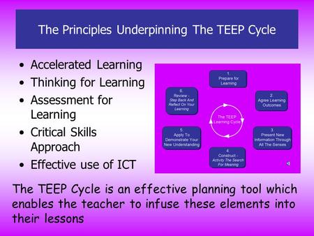 The Principles Underpinning The TEEP Cycle Accelerated Learning Thinking for Learning Assessment for Learning Critical Skills Approach Effective use of.