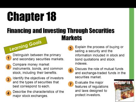 Chapter 18 Financing and Investing Through Securities Markets Learning Goals Distinguish between the primary and secondary securities markets. Compare.