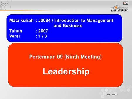 Halaman 1 Mata kuliah: J0084 / Introduction to Management and Business Tahun: 2007 Versi: 1 / 3 Pertemuan 09 (Ninth Meeting) Leadership.