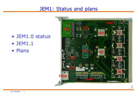 Uli Schäfer 1 JEM1: Status and plans power Jet Sum R S T U VME CC RM ACE CAN Flash TTC JEM1.0 status JEM1.1 Plans.