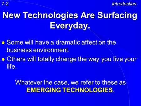 New Technologies Are Surfacing Everyday. l Some will have a dramatic affect on the business environment. l Others will totally change the way you live.