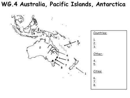 1 2 3 4 5 WG.4 Australia, Pacific Islands, Antarctica Countries: 1. 2. 3. Other: 4. 5. Cities: 6. 7. 8. 6 7 8.