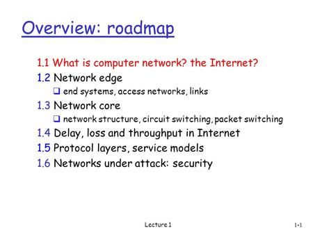 Lecture 1 Overview: roadmap 1.1 What is computer network? the Internet? 1.2 Network edge  end systems, access networks, links 1.3 Network core  network.