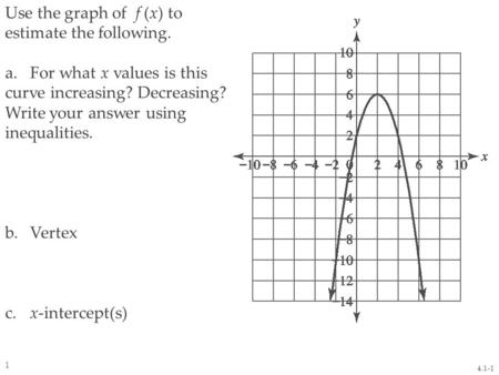 Use the graph of f (x) to estimate the following. a.For what x values is this curve increasing? Decreasing? Write your answer using inequalities. b.Vertex.