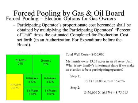 Forced Pooling by Gas & Oil Board Forced Pooling – Election Options for Gas Owners –Participating Operator’s proportionate cost hereunder shall be obtained.