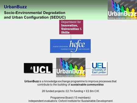 UrbanBuzz is a knowledge exchange programme to improve processes that contribute to the building of sustainable communities 28 funded projects: £2.7m funding.