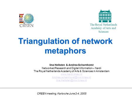 Triangulation of network metaphors The Royal Netherlands Academy of Arts and Sciences Iina Hellsten & Andrea Scharnhorst Networked Research and Digital.