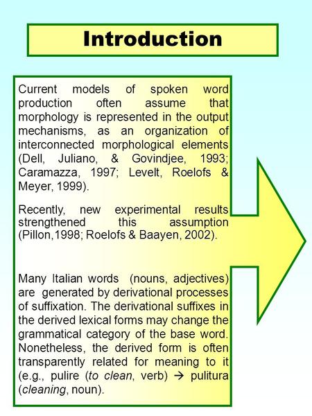 Dell, Juliano, & Govindjee, 1993; Caramazza, 1997; Levelt, Roelofs & Meyer, 1999). Current models of spoken word production often assume that morphology.