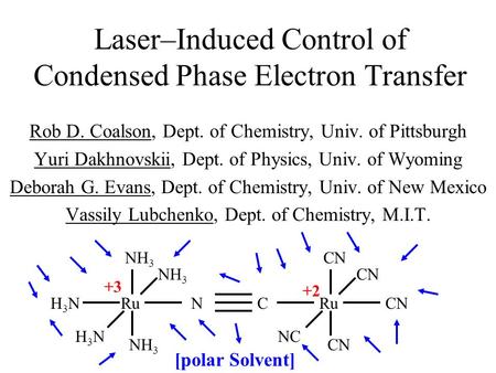 Laser–Induced Control of Condensed Phase Electron Transfer Rob D. Coalson, Dept. of Chemistry, Univ. of Pittsburgh Yuri Dakhnovskii, Dept. of Physics,