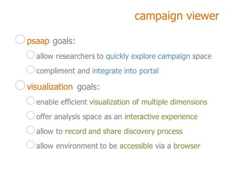Campaign viewer o psaap goals: o allow researchers to quickly explore campaign space o compliment and integrate into portal o visualization goals: o enable.