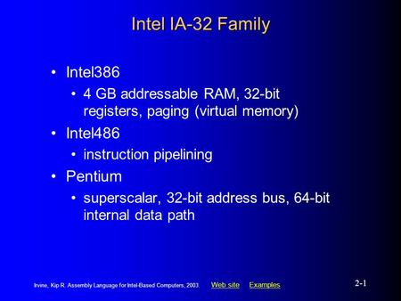 Web siteWeb site ExamplesExamples Irvine, Kip R. Assembly Language for Intel-Based Computers, 2003. 2-1 Intel IA-32 Family Intel386 4 GB addressable RAM,