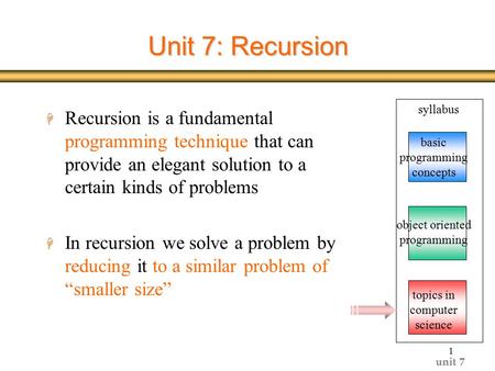 Unit 7 1 Unit 7: Recursion H Recursion is a fundamental programming technique that can provide an elegant solution to a certain kinds of problems H In.