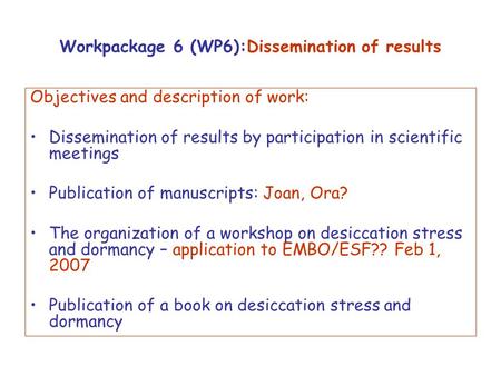 Workpackage 6 (WP6):Dissemination of results Objectives and description of work: Dissemination of results by participation in scientific meetings Publication.
