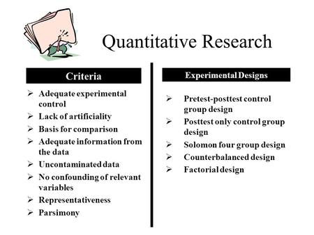 Quantitative Research  Adequate experimental control  Lack of artificiality  Basis for comparison  Adequate information from the data  Uncontaminated.