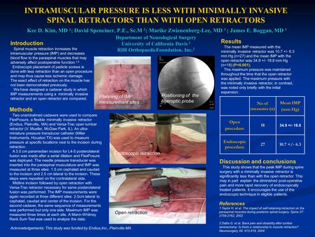 INTRAMUSCULAR PRESSURE IS LESS WITH MINIMALLY INVASIVE SPINAL RETRACTORS THAN WITH OPEN RETRACTORS Kee D. Kim, MD 1 ; David Spenciner, P.E., Sc.M 2 ; Marike.
