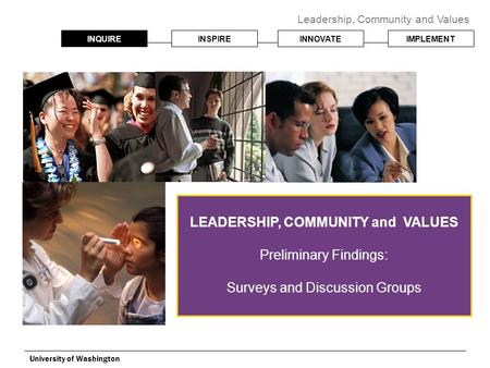 INQUIREINSPIREINNOVATEIMPLEMENT Leadership, Community and Values University of Washington LEADERSHIP, COMMUNITY and VALUES Preliminary Findings: Surveys.