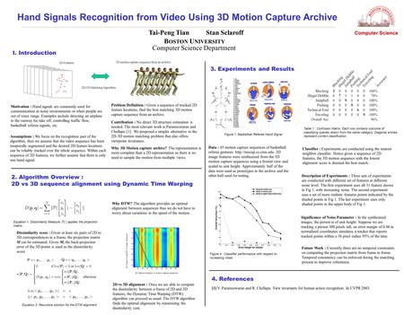 Hand Signals Recognition from Video Using 3D Motion Capture Archive Tai-Peng Tian Stan Sclaroff Computer Science Department B OSTON U NIVERSITY I. Introduction.