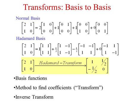 Transforms: Basis to Basis Normal Basis Hadamard Basis Basis functions Method to find coefficients (“Transform”) Inverse Transform.