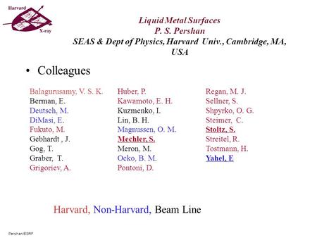 Liquid Metal Surfaces P. S. Pershan SEAS & Dept of Physics, Harvard Univ., Cambridge, MA, USA Colleagues Pershan/ESRF Balagurusamy, V. S. K. Berman, E.