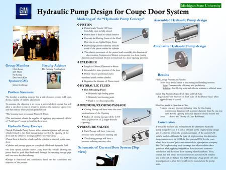 Hydraulic Pump Design for Coupe Door System Michigan State University Group Member Faculty Advisor Chris Lowe Dr. Farhang Pourboghrat Jeff Mann Fai Leung.
