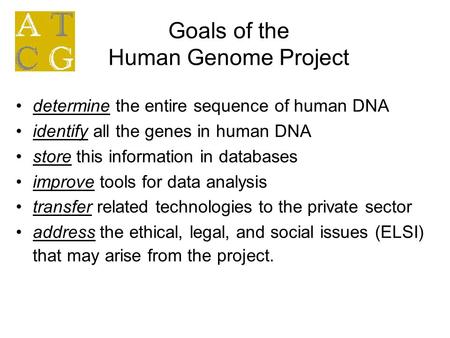 Goals of the Human Genome Project determine the entire sequence of human DNA identify all the genes in human DNA store this information in databases improve.