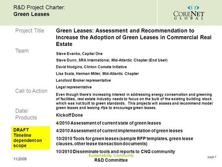 Page 1 11/2009 Sustainability Community R&D Committee R&D Project Charter: Green Leases Green Leases: Assessment and Recommendation to Increase the Adoption.