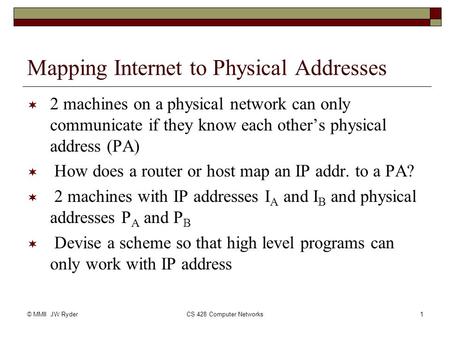 © MMII JW RyderCS 428 Computer Networks1 Mapping Internet to Physical Addresses  2 machines on a physical network can only communicate if they know each.