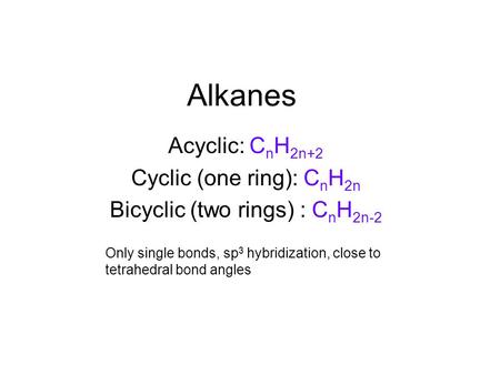 Alkanes Acyclic: CnH2n+2 Cyclic (one ring): CnH2n