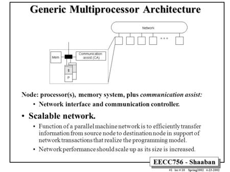 EECC756 - Shaaban #1 lec # 10 Spring2002 4-23-2002 Generic Multiprocessor Architecture Generic Multiprocessor Architecture Node: processor(s), memory system,