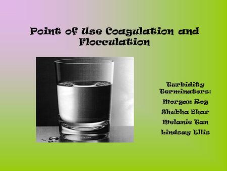 Point of Use Coagulation and Flocculation Turbidity Terminators: Morgan Rog Shubha Bhar Melanie Tan Lindsay Ellis.