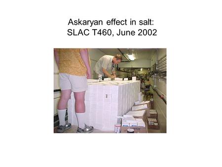 Askaryan effect in salt: SLAC T460, June 2002. T460 rock-salt target 4lb high-purity synthetic rock-salt bricks (density=2.07) – 6 tons of it. + some.