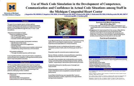 Use of Mock Code Simulation in the Development of Competence, Communication and Confidence in Actual Code Situations among Staff in the Michigan Congenital.