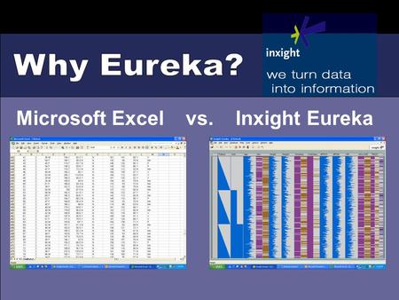 Microsoft Excel vs. Inxight Eureka. Column Headings Rows Text values do not show when data is unfocused Numbers appear in blue bars longer the bar larger.