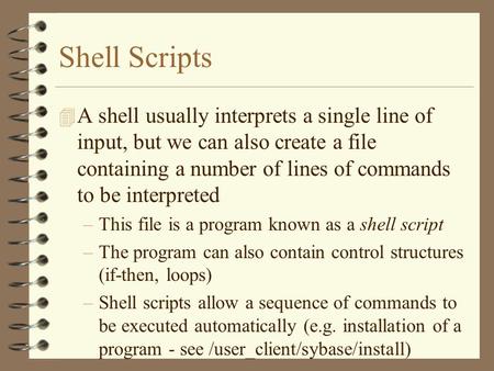 Shell Scripts 4 A shell usually interprets a single line of input, but we can also create a file containing a number of lines of commands to be interpreted.