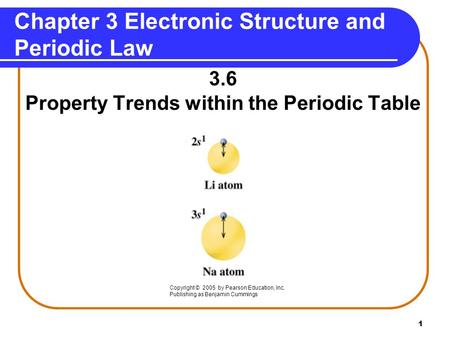 1 Chapter 3 Electronic Structure and Periodic Law 3.6 Property Trends within the Periodic Table Copyright © 2005 by Pearson Education, Inc. Publishing.