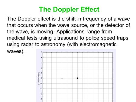 The Doppler Effect The Doppler effect is the shift in frequency of a wave that occurs when the wave source, or the detector of the wave, is moving. Applications.